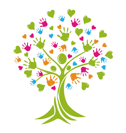 Tree colorful hands helping families symbol icon vector template. Preschool concept